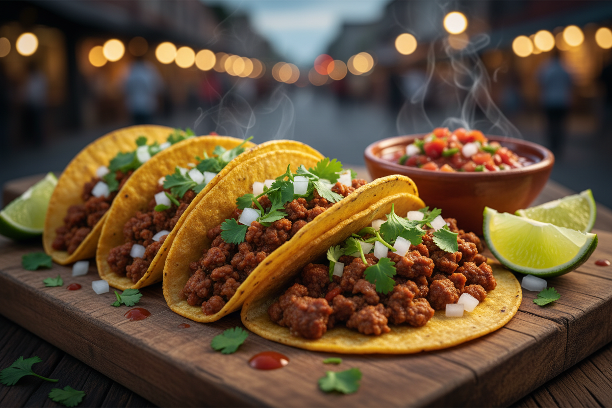 Tacos de carne con cilantro y limón