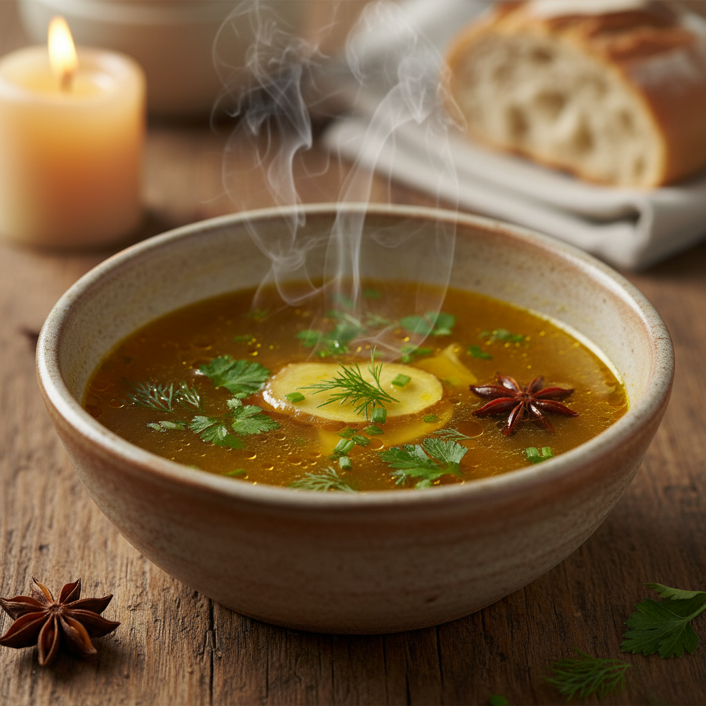 Caldo de pollo dorado en tazón
