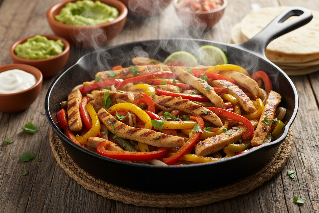 Fajitas chisporroteando en sartén