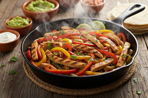 Fajitas chisporroteando en sartén