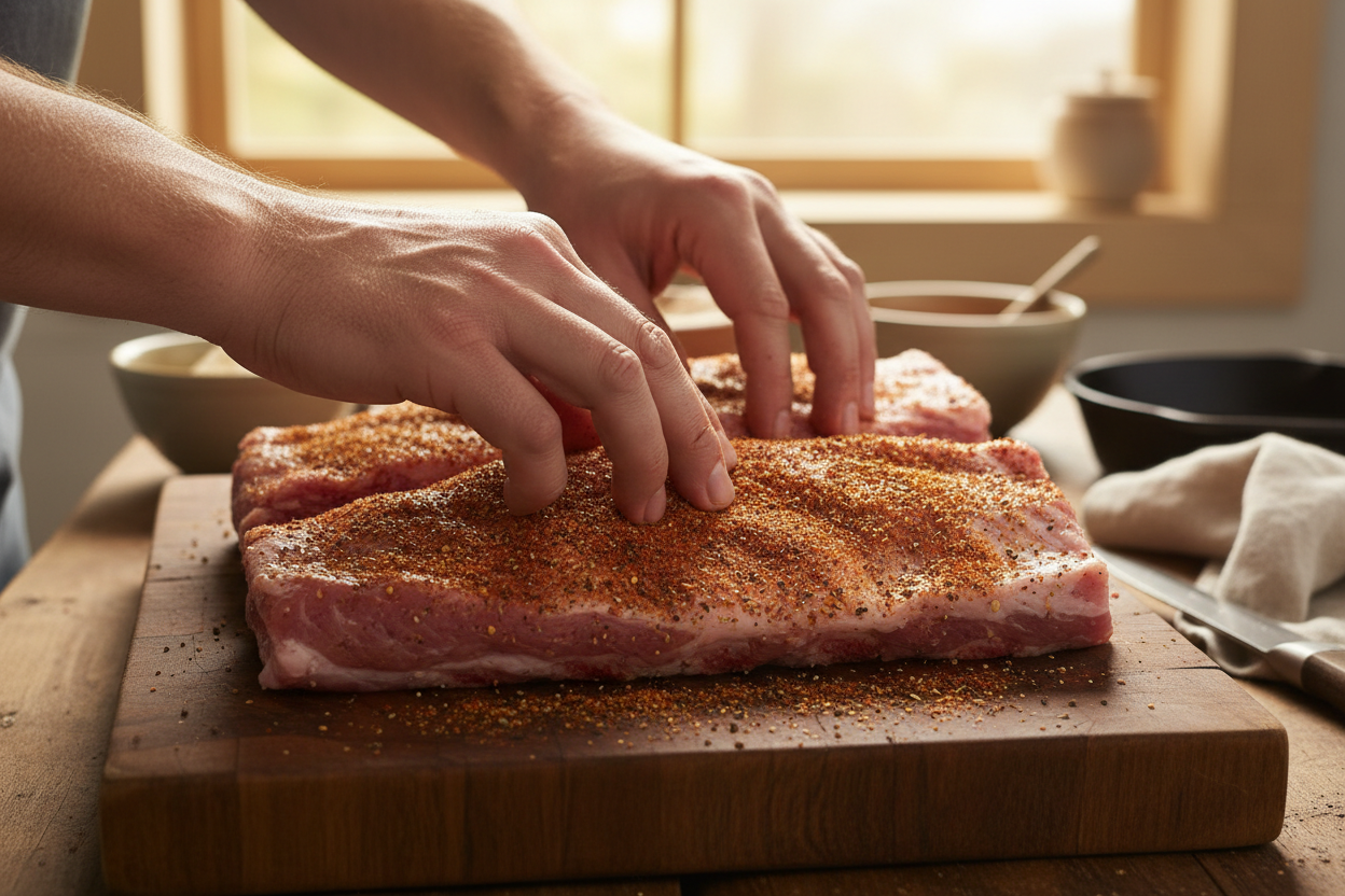Aplicando dry rub a costillas
